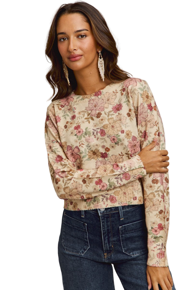 Women's Floral Crew Neck Long Sleeves Sweater Knit Top ST3677F-01