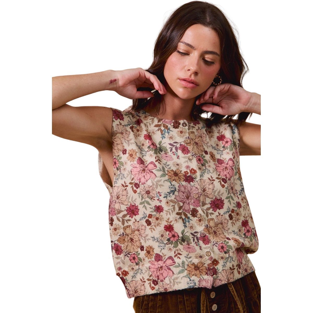 Women's Floral Print Button Sweater Vest