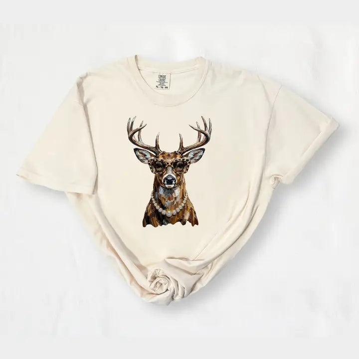Women's Ivory Short Sleeve Glam Whitetail Deer T-shirt