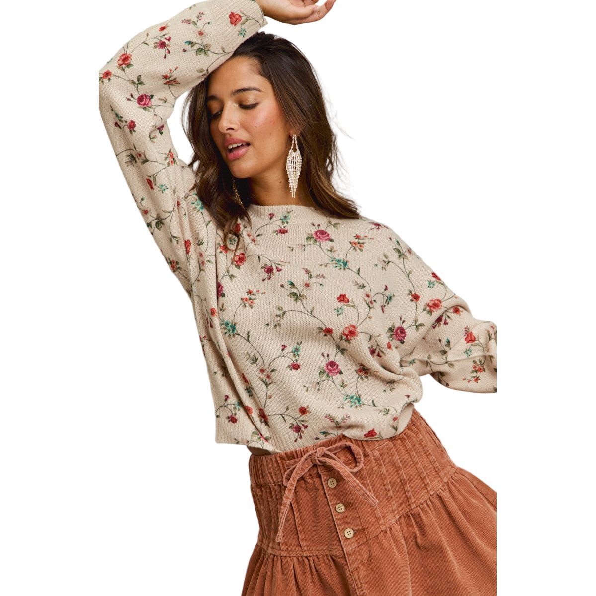 Women's Floral Print Crewneck Sweater Knit Top ST3678F-01