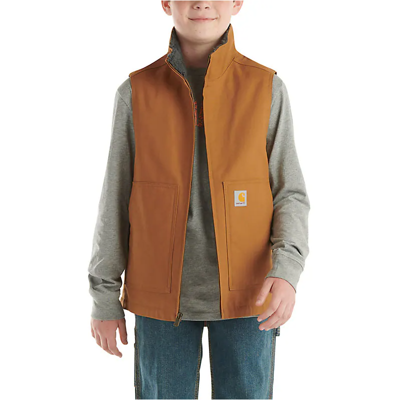 Boy's Carhartt Brown Zip-front Canvas Sherpa Lined Vest CR8110-D15