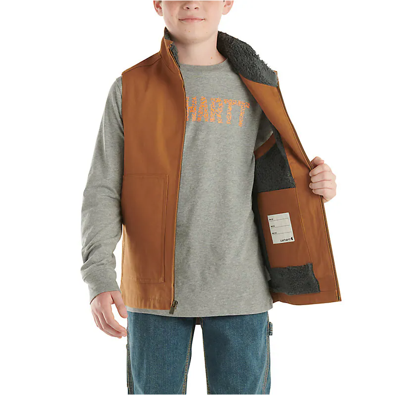 Boy's Carhartt Brown Zip-front Canvas Sherpa Lined Vest