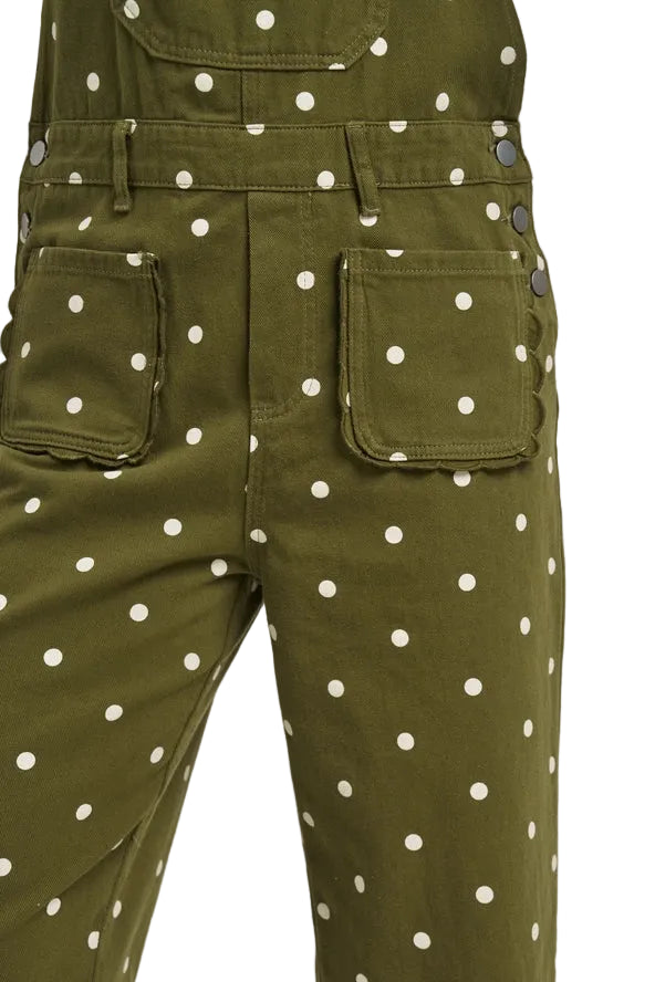 Women's Olive Green Polka Dot Jumpsuit with Scalloped Front