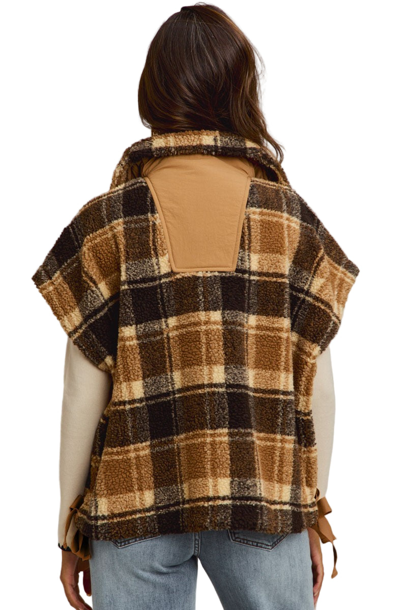 Women's Oversized Sherpa Fleece Checker Vest Jacket ST2049F