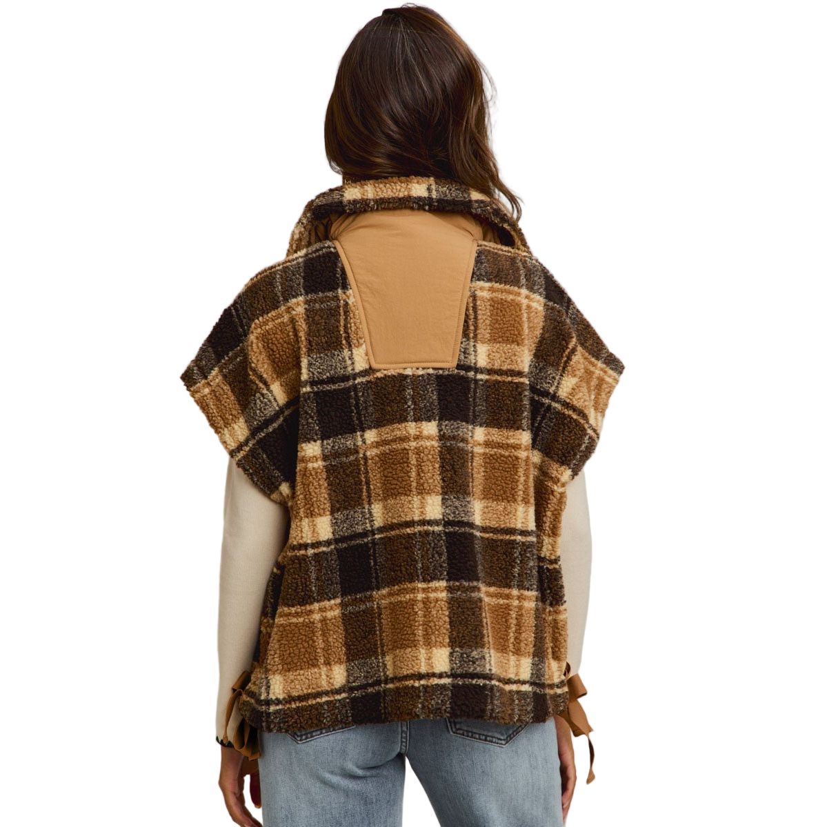 Women's Oversized Sherpa Fleece Checker Vest Jacket ST2049F