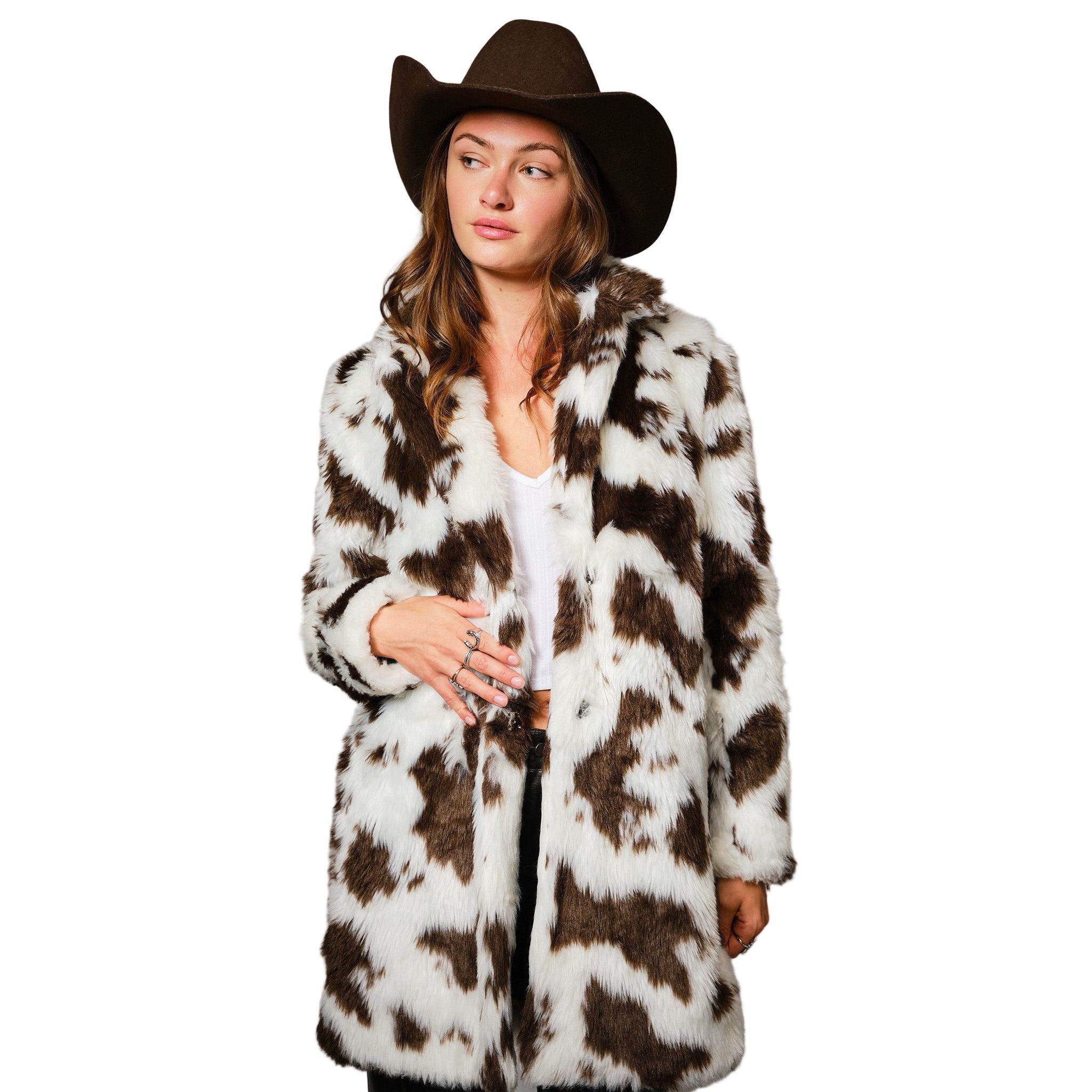 Women's Cow Print Faux Fur Mid Coat 37181J