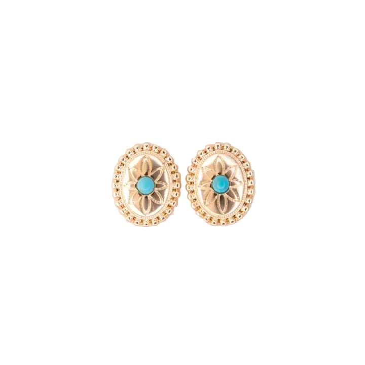Women's West & Co .75" Gold Oval Flower Concho Post Earring with Turquoise Accent E1412G