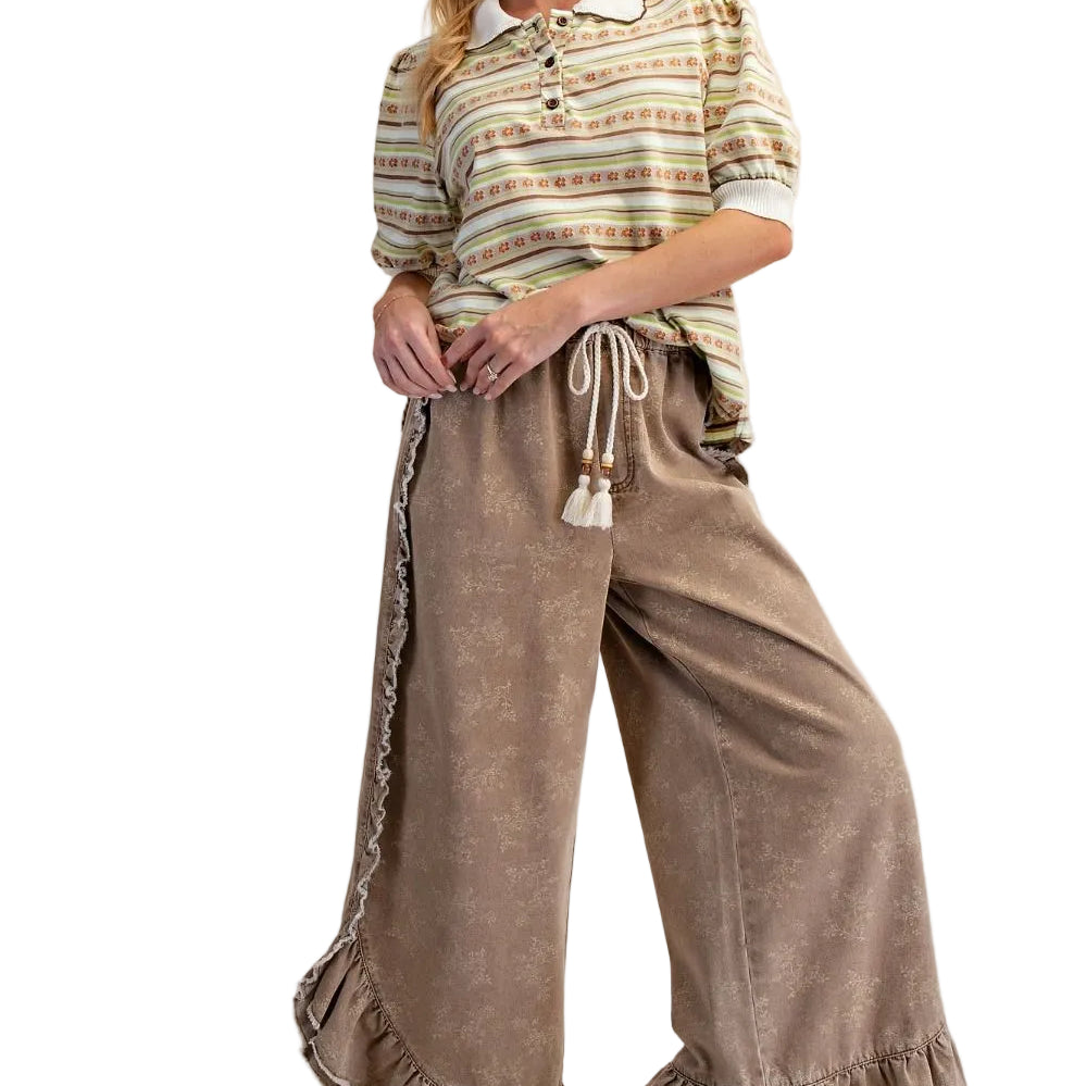 Women's Easel Almond Floral Print Washed Denim Palazzo Pants