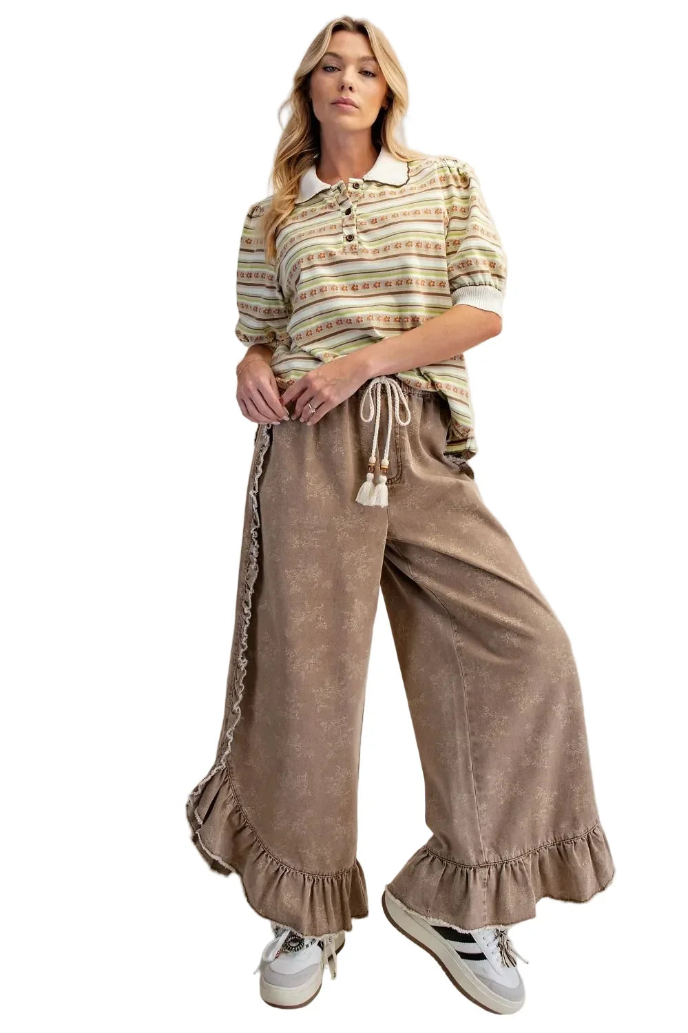 Women's Easel Almond Floral Print Washed Denim Palazzo Pants
