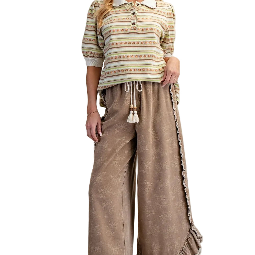 Women's Easel Almond Floral Print Washed Denim Palazzo Pants