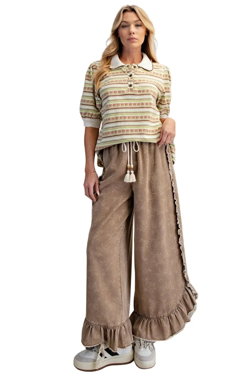 Women's Easel Almond Floral Print Washed Denim Palazzo Pants