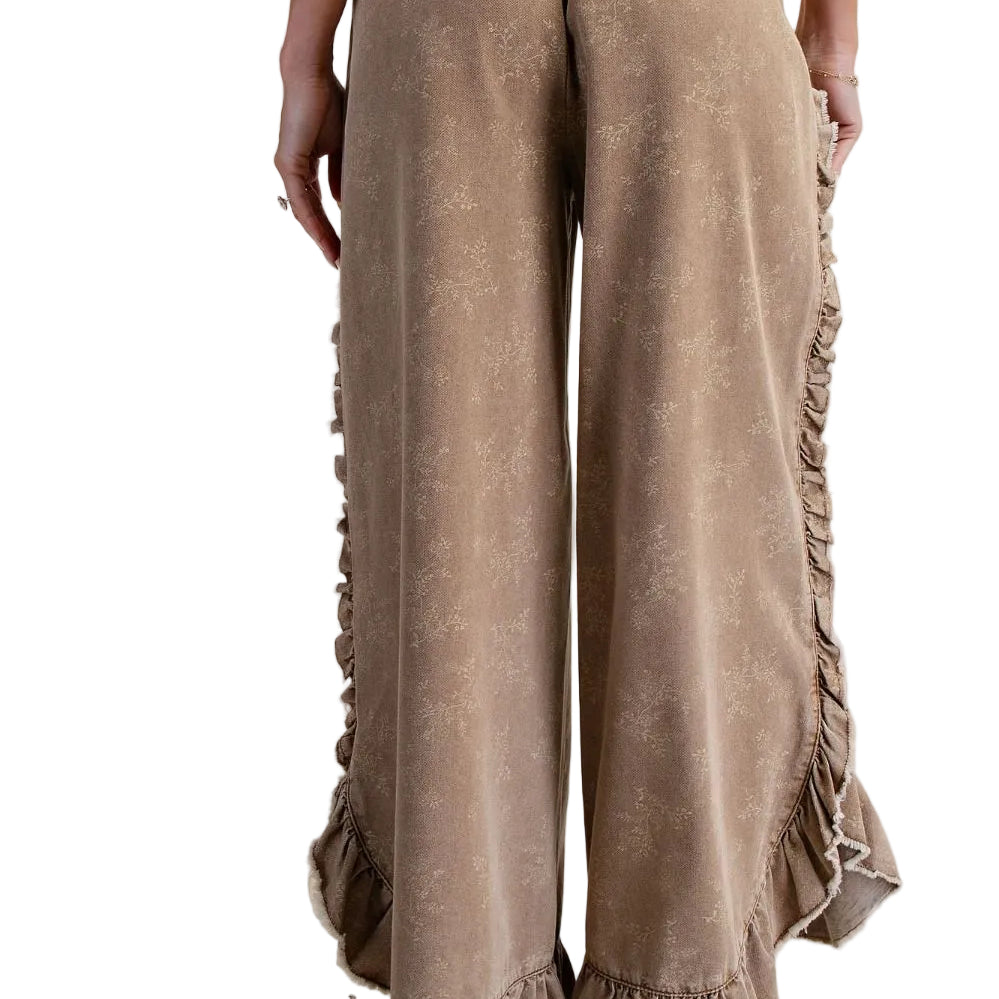 Women's Easel Almond Floral Print Washed Denim Palazzo Pants