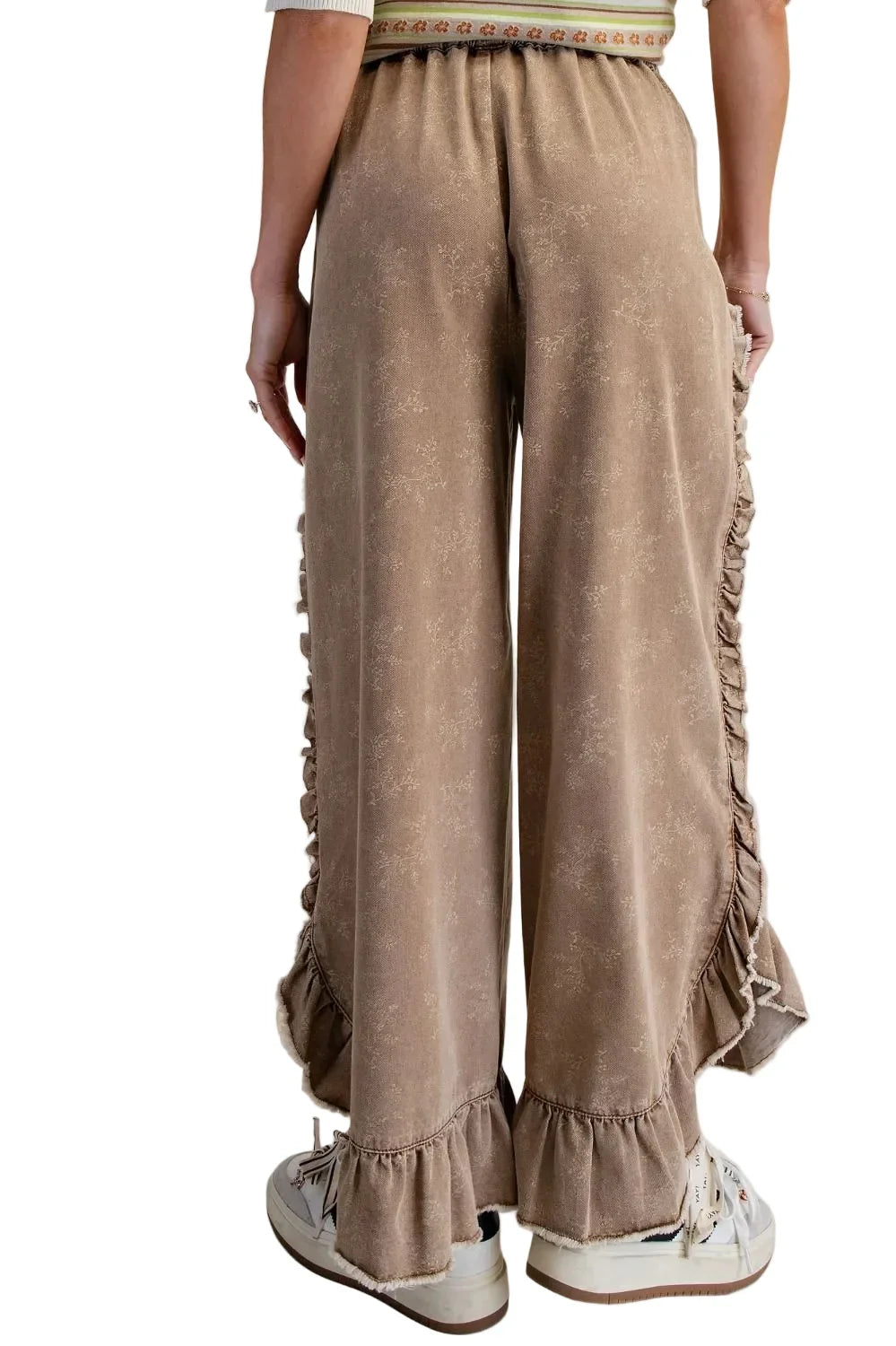 Women's Easel Almond Floral Print Washed Denim Palazzo Pants