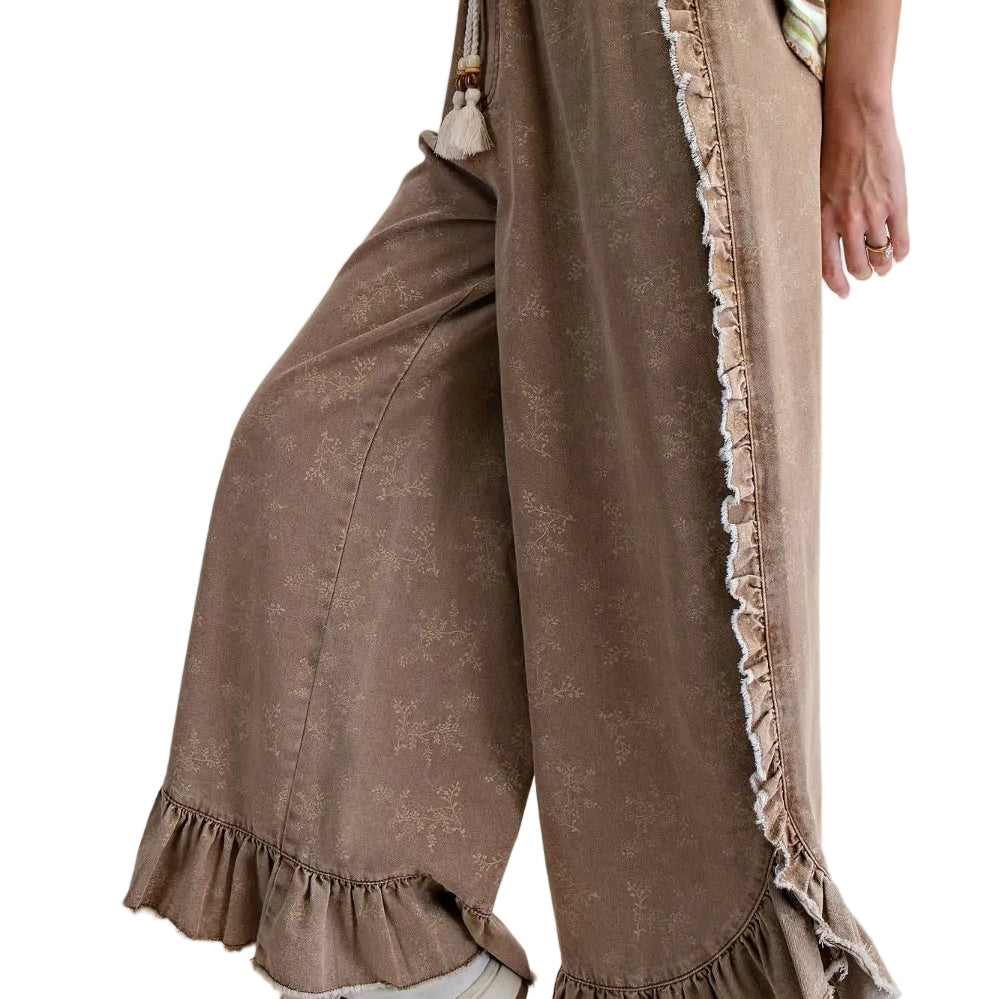 Women's Easel Almond Floral Print Washed Denim Palazzo Pants