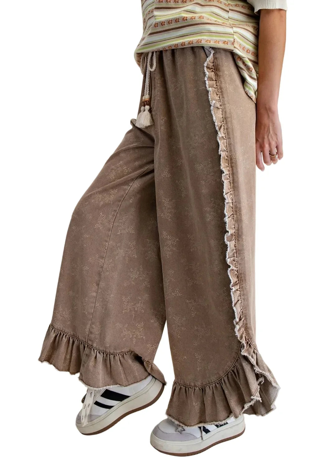 Women's Easel Almond Floral Print Washed Denim Palazzo Pants