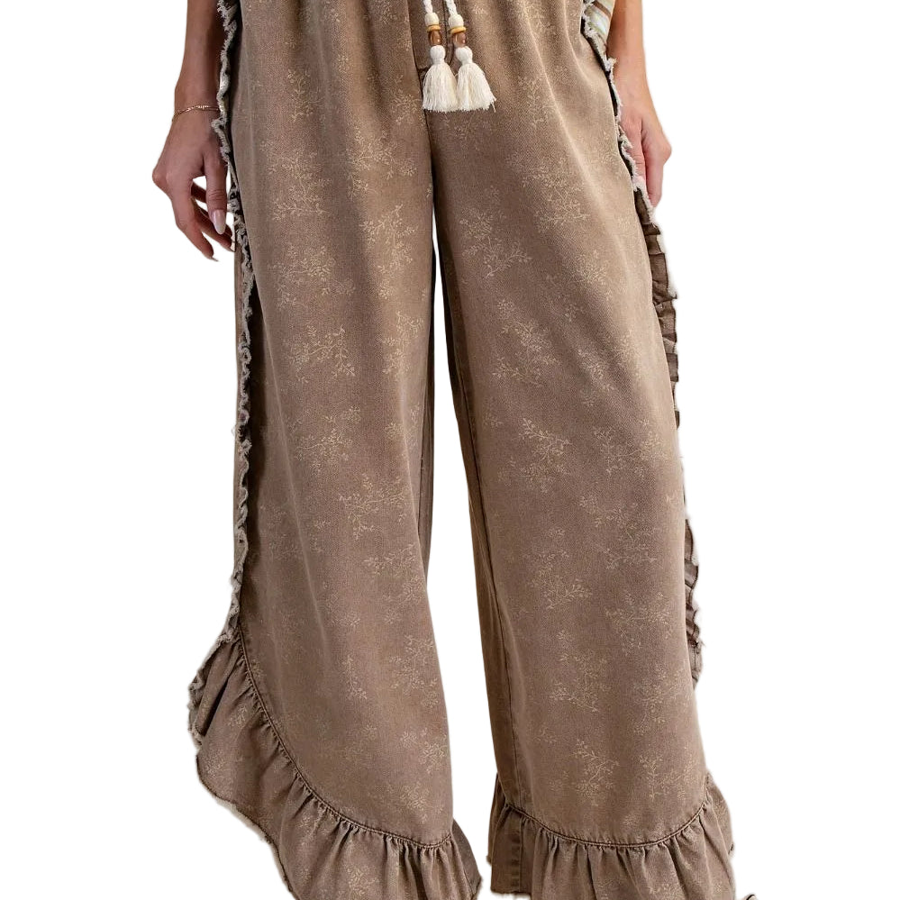Women's Easel Almond Floral Print Washed Denim Palazzo Pants