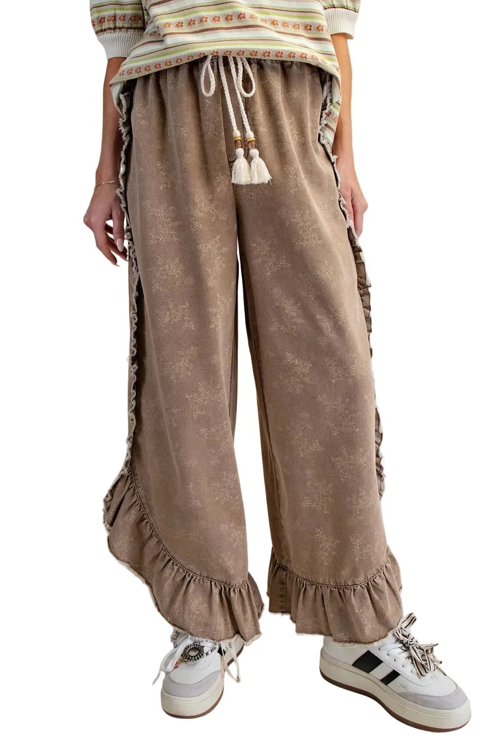 Women's Easel Almond Floral Print Washed Denim Palazzo Pants