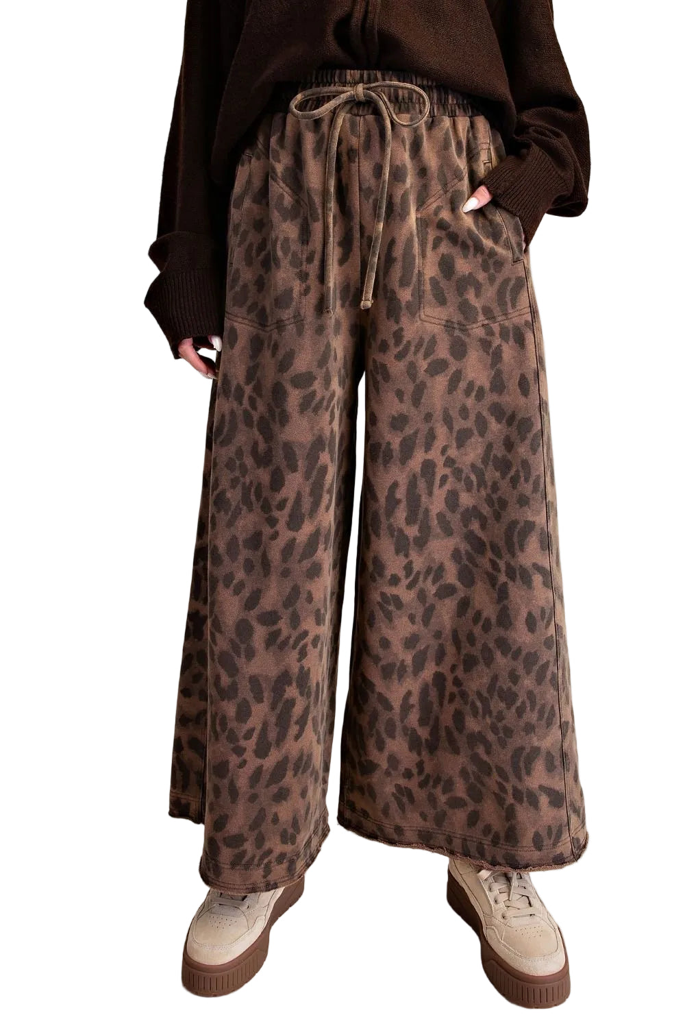 Easel Women's Mocha Leopard Print Washed Terry Knit Pants