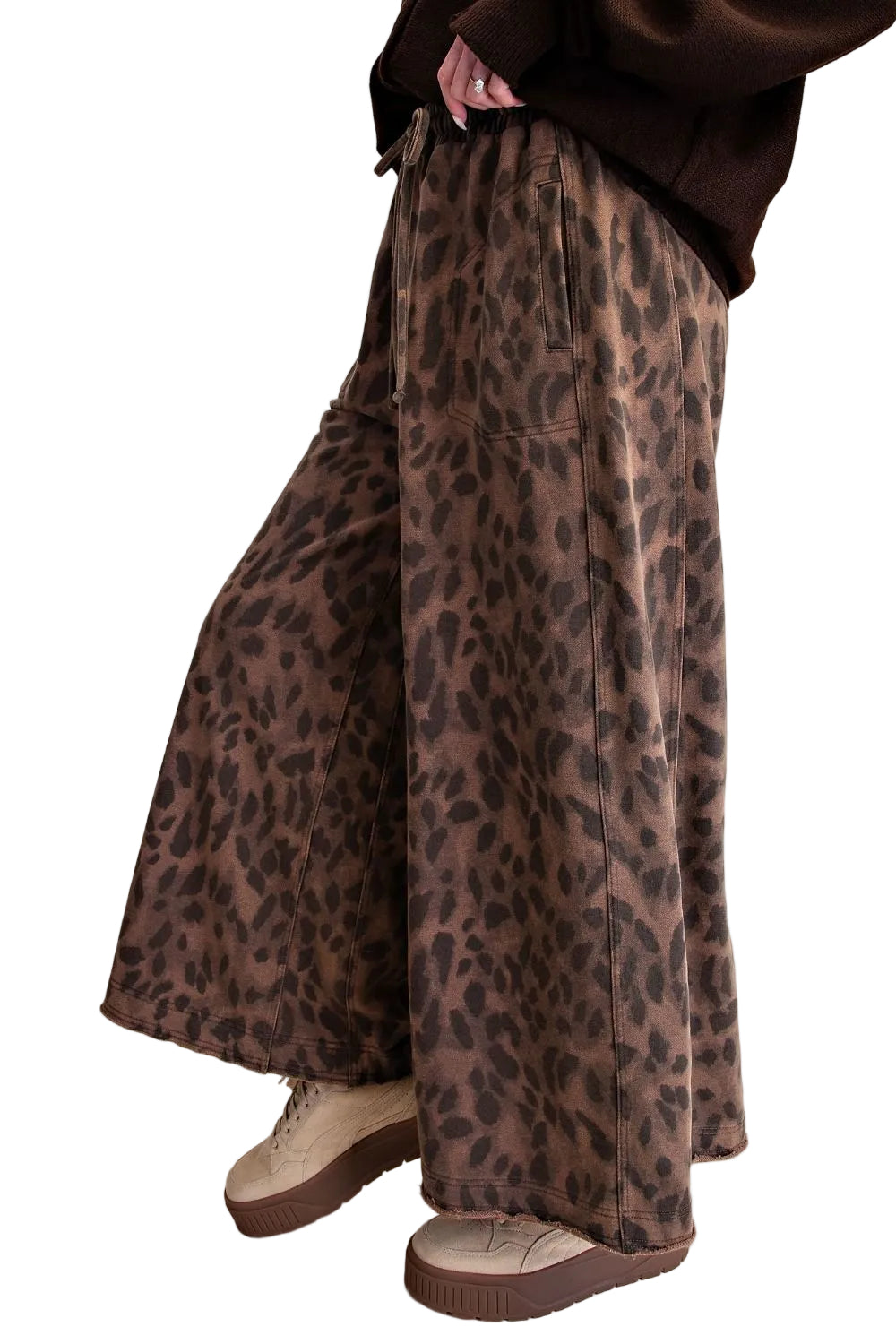 Easel Women's Mocha Leopard Print Washed Terry Knit Pants