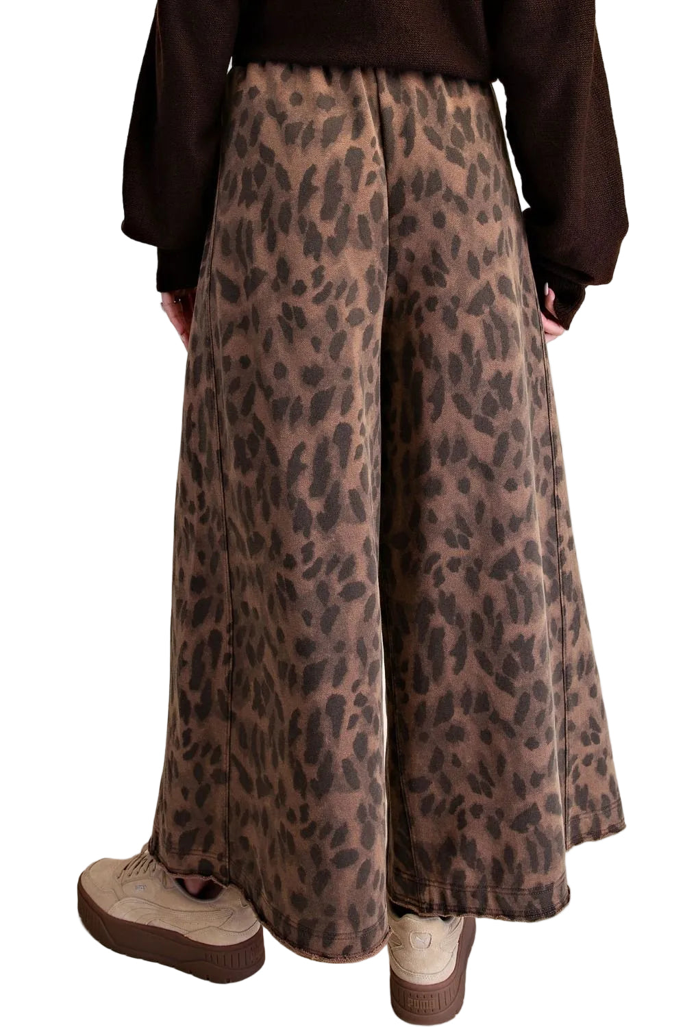 Easel Women's Mocha Leopard Print Washed Terry Knit Pants