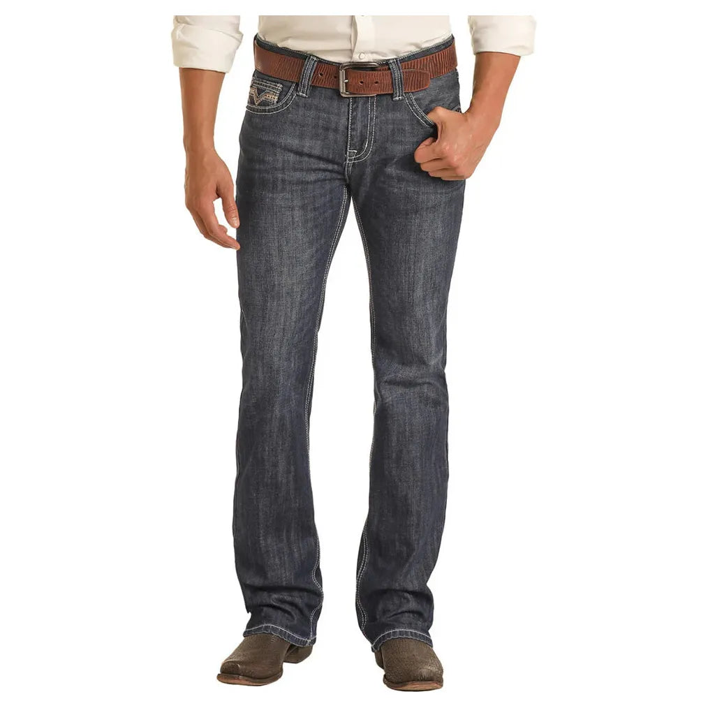 Men's Rock and Roll Denim Regular Fit Raised Denim Embroidered Bootcut Jeans BM0PD03660 - Crazy House Western Wear