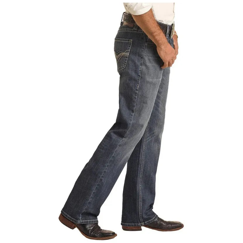 Men's Rock and Roll Denim Relaxed Fit Raised Denim Embroidered Straight Leg Jeans BM0SD04249 - Crazy House Western Wear
