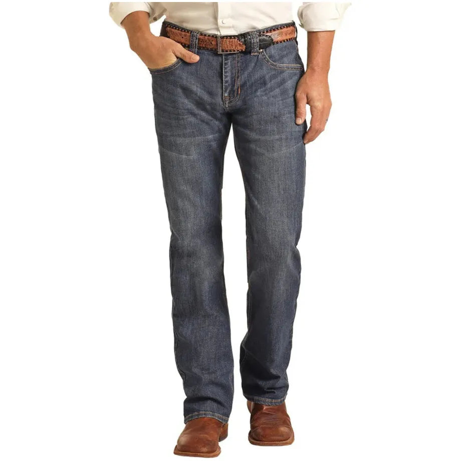 Men's Rock and Roll Denim Regular Fit Rope Stitch Embroidered Straight Boot Jeans BM1PD04252 - Crazy House Western Wear