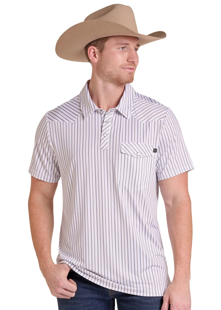 Rock and Roll Men's White Stripe Print Western Polo BM51T09593