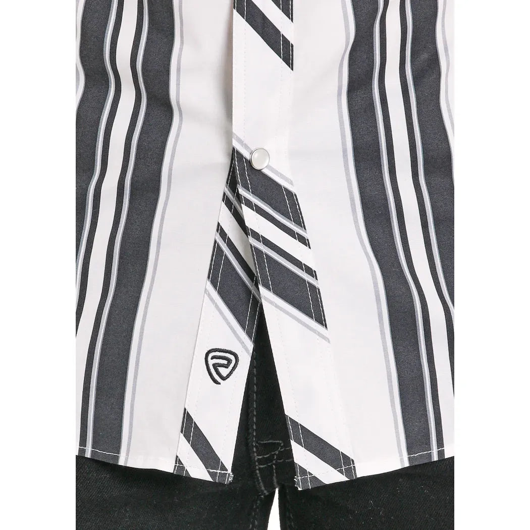 Men's Rock and Roll Slim Fit Black and White Striped Short Sleeve Snap Shirt BMN3S08303