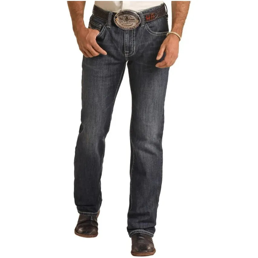 Men's Rock and Roll Denim Regular Fit Dark Wash Stackable Bootcut Jeans BMSPD04251 - Crazy House Western Wear