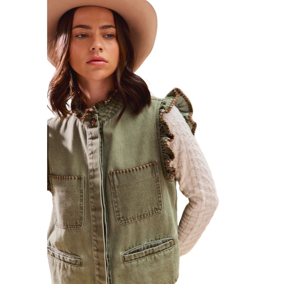 Women's Olive Washed Denim Stitch Ruffled Hidden Button Vest Top