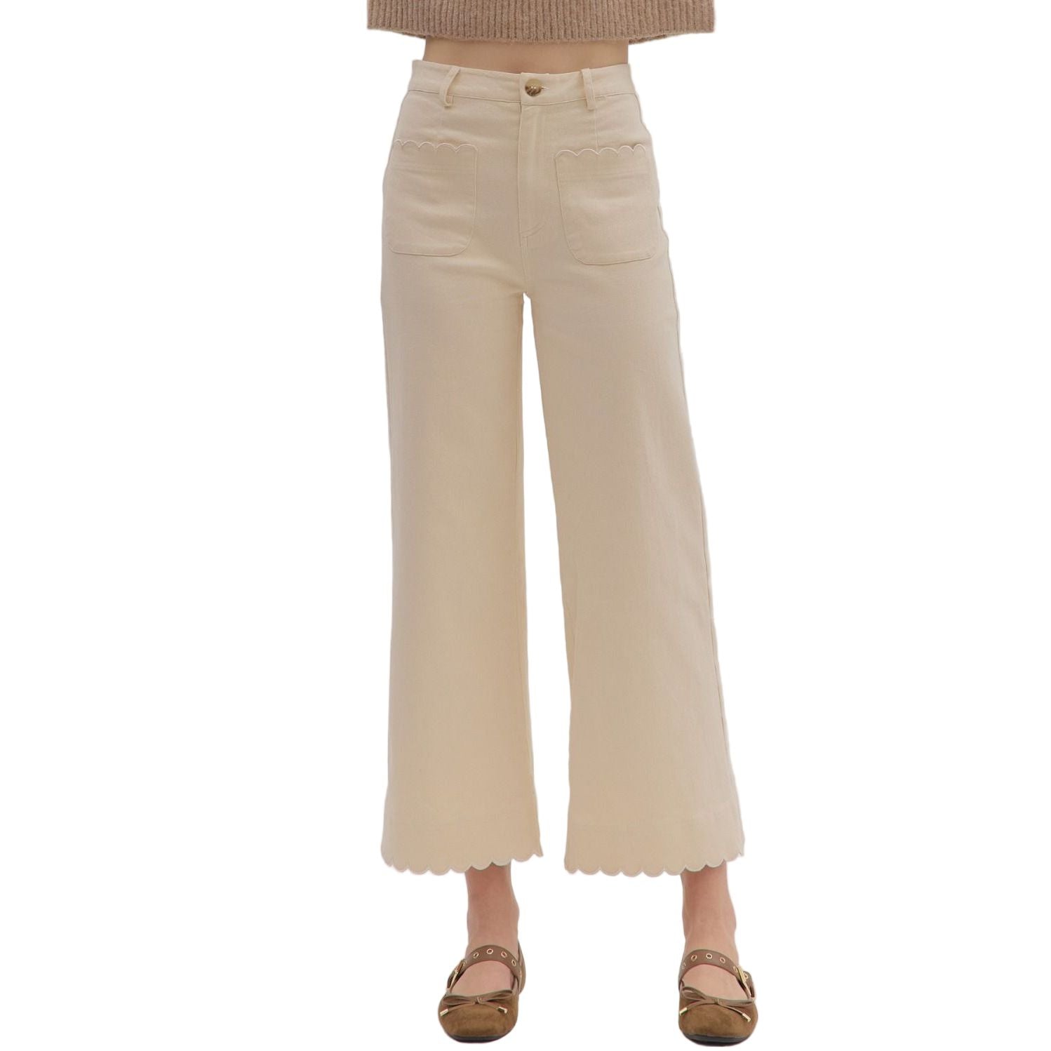 Women's Entro Ecru Solid High Waist Wide Leg Pants P29031