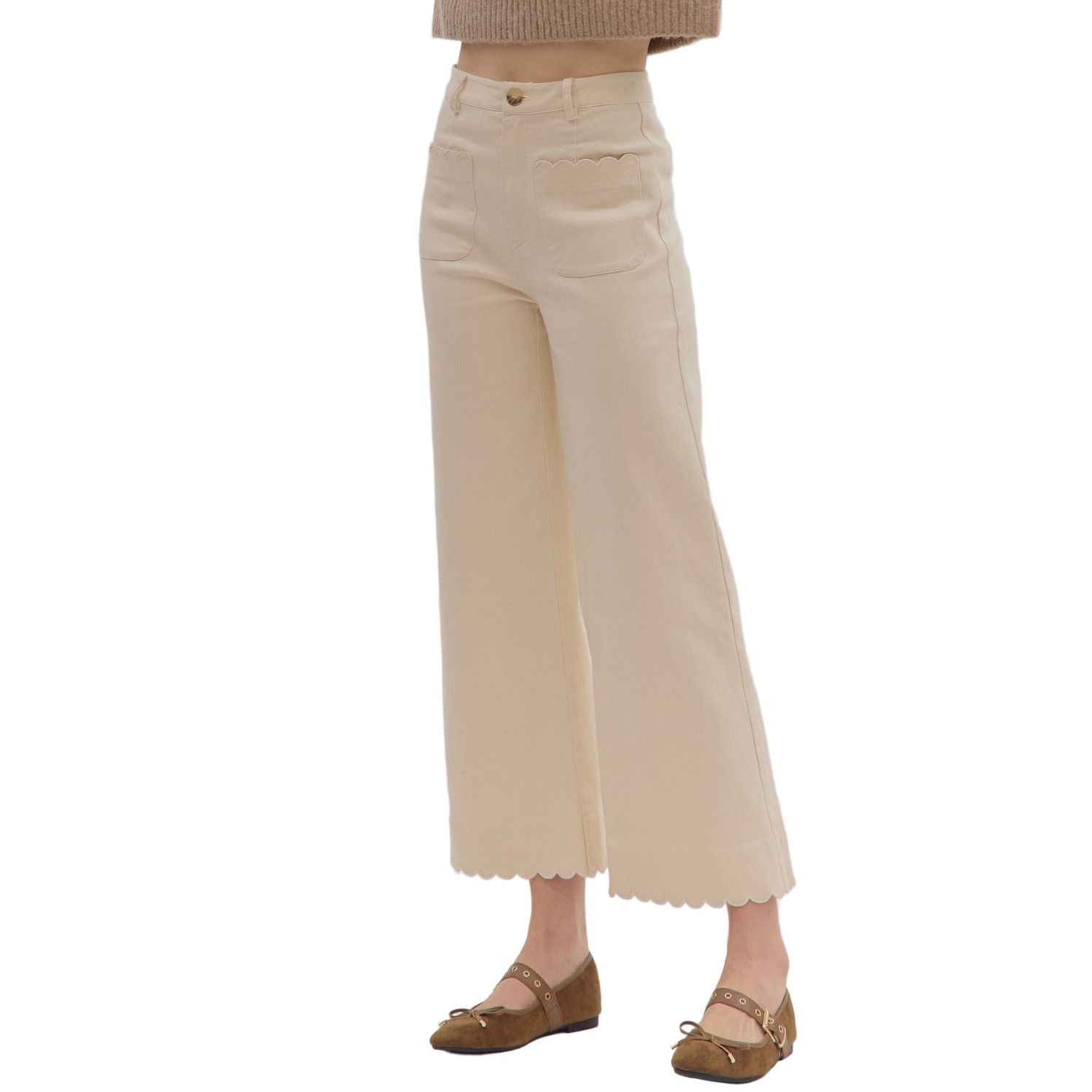 Women's Entro Ecru Solid High Waist Wide Leg Pants P29031