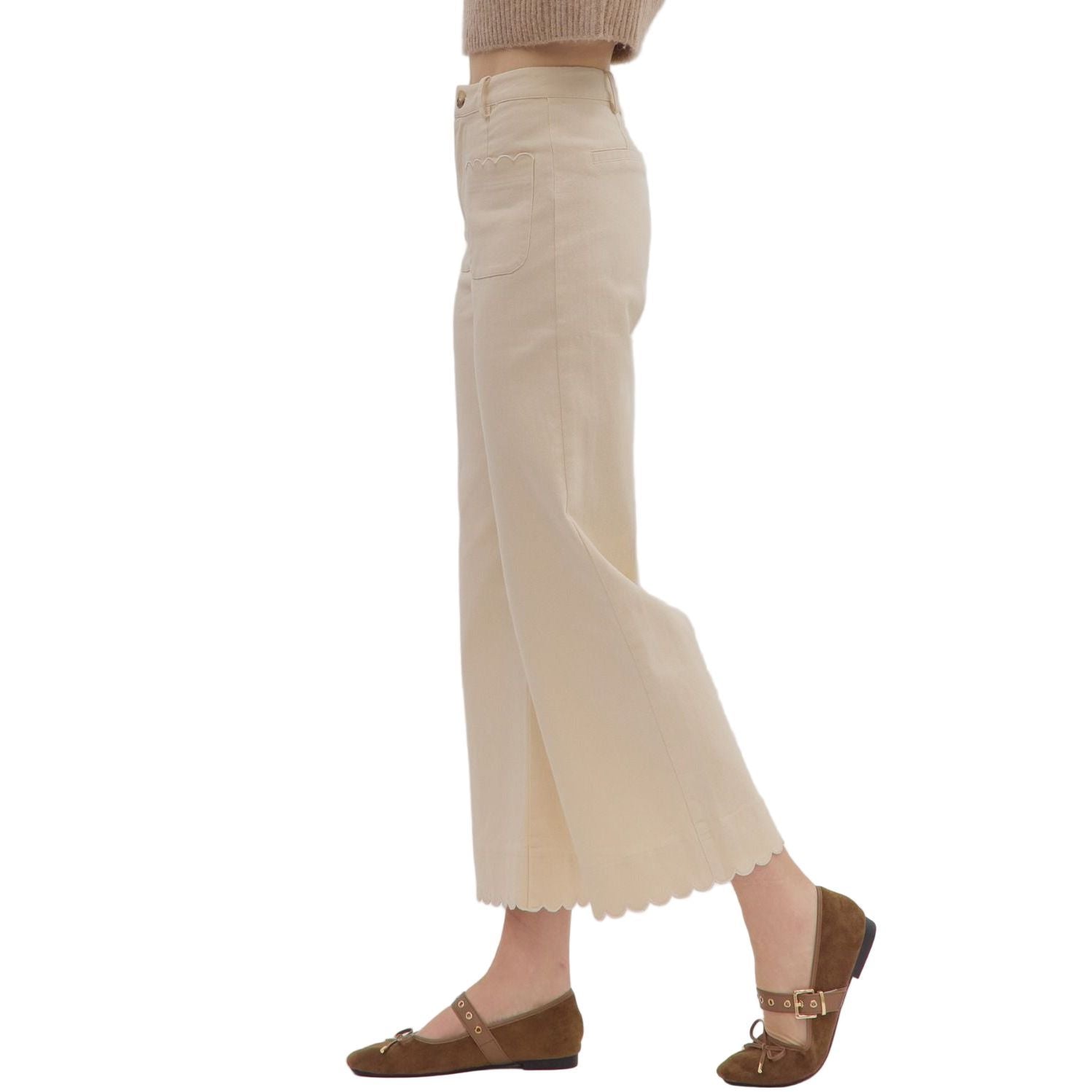 Women's Entro Ecru Solid High Waist Wide Leg Pants P29031