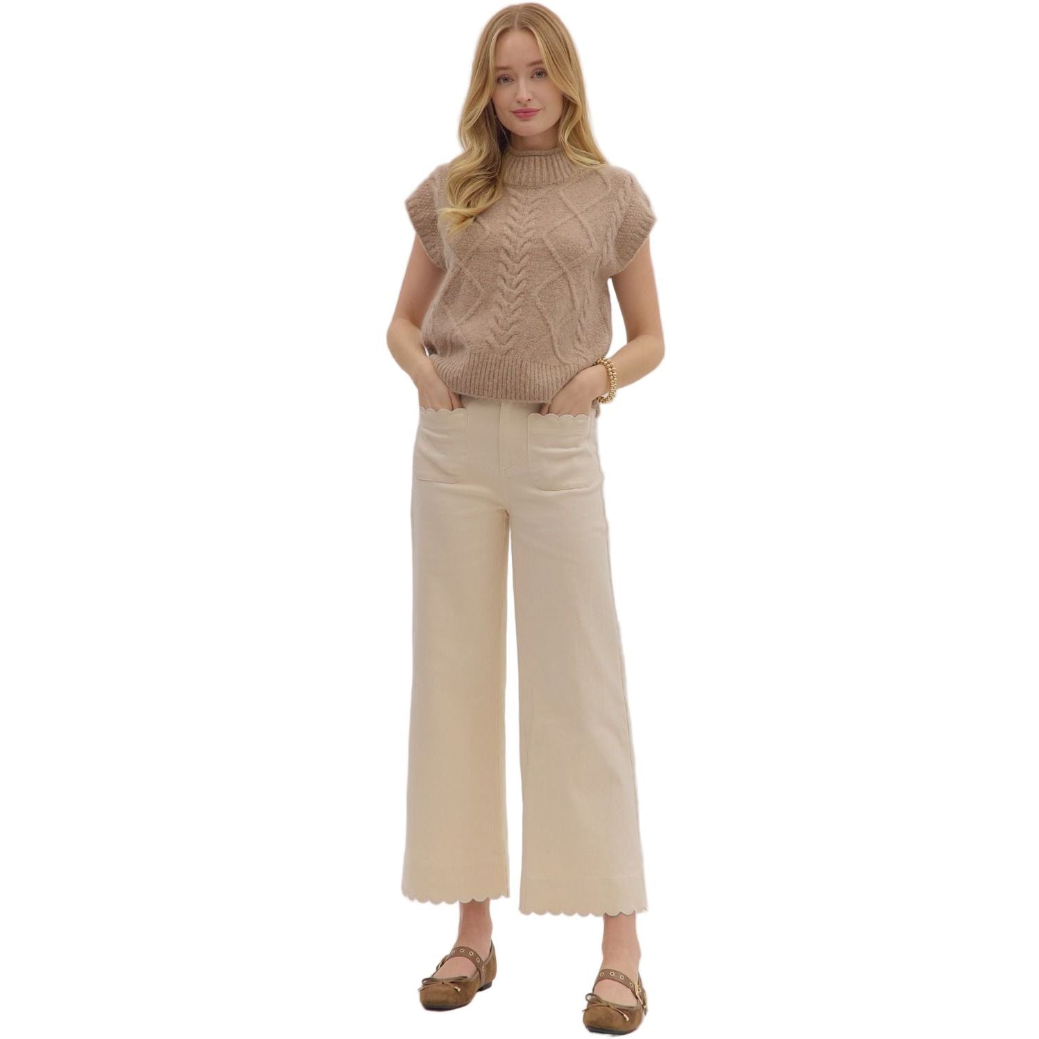 Women's Entro Ecru Solid High Waist Wide Leg Pants P29031
