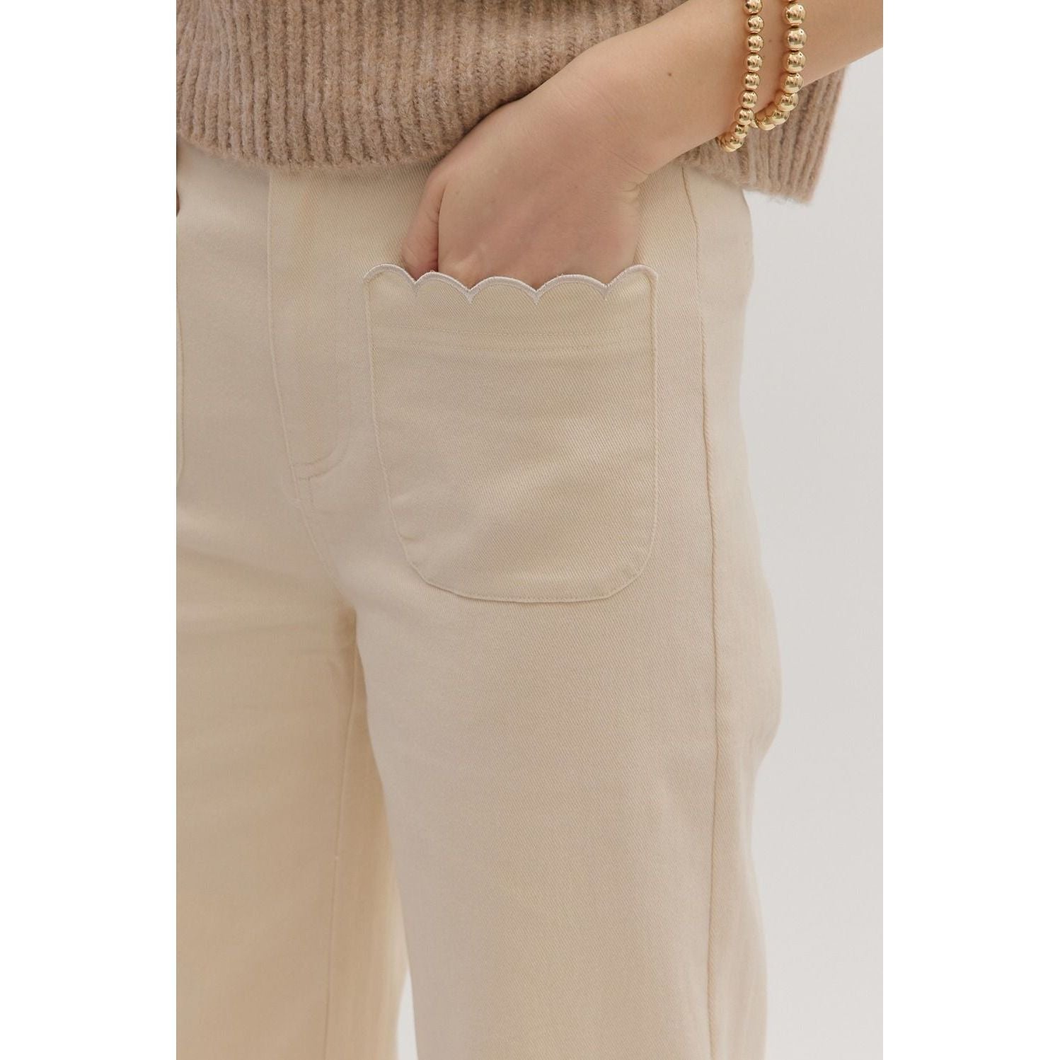 Women's Entro Ecru Solid High Waist Wide Leg Pants P29031