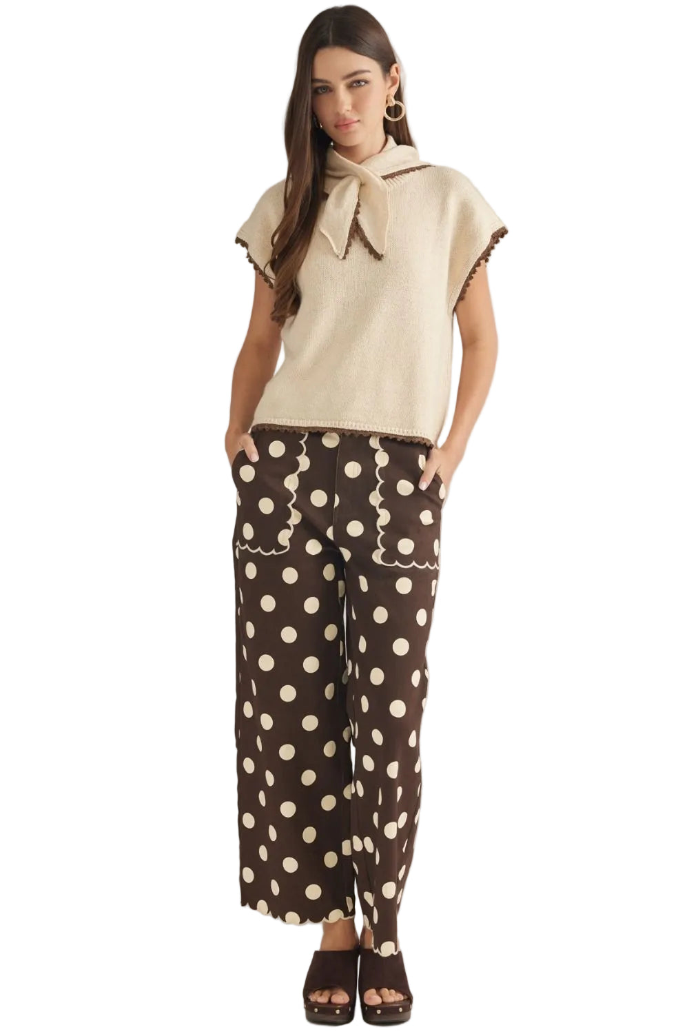Entro Women's Brown Polka Dot Wide Leg Cropped Pants P31645