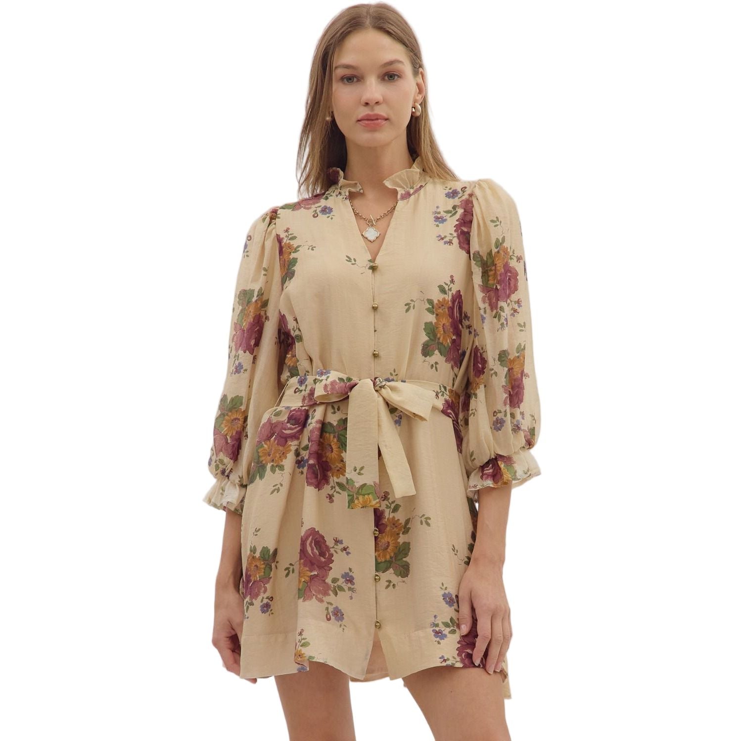 Women's Entro Floral Print Puff 3/4 Sleeve Mini Dress D29058