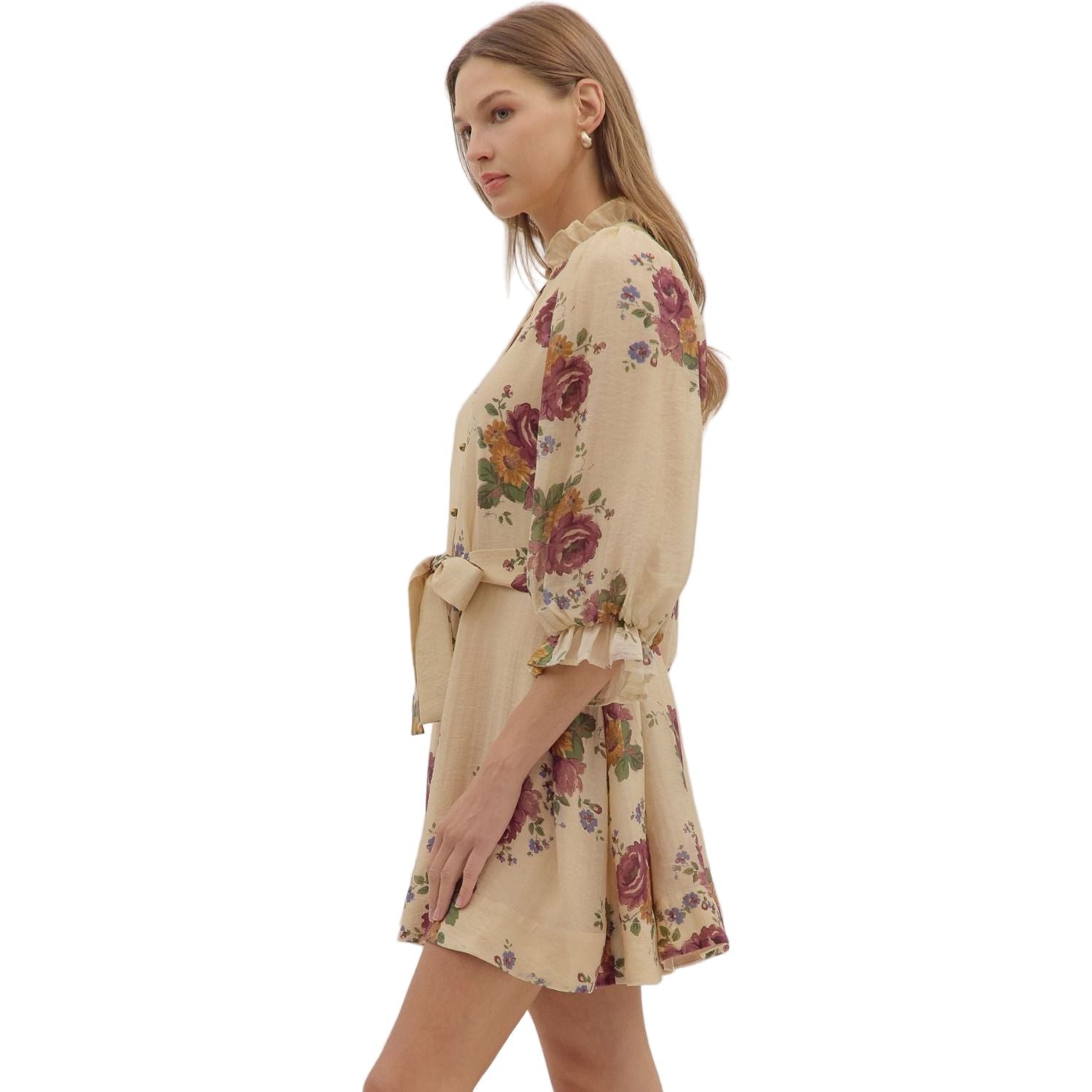 Women's Entro Floral Print Puff 3/4 Sleeve Mini Dress D29058