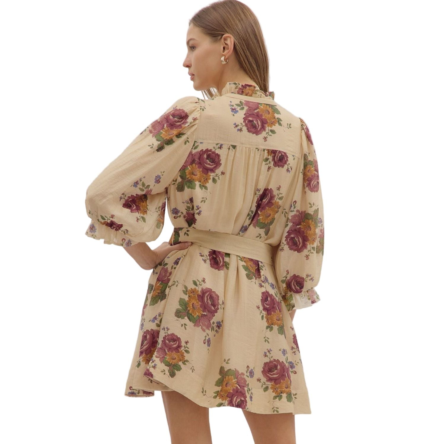 Women's Entro Floral Print Puff 3/4 Sleeve Mini Dress D29058