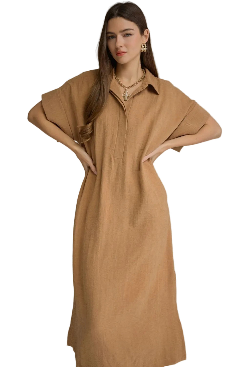 Entro Women's Camel Solid Short Sleeve Midi Dress