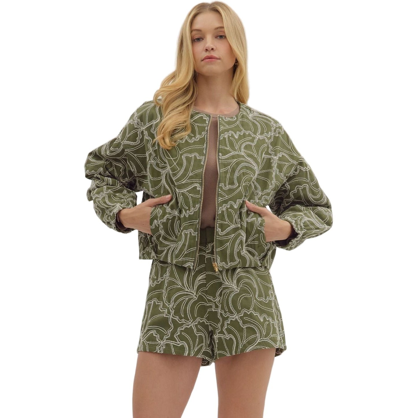 Women's Entro Textured Long Sleeve Zip Up Olive Jacket J27996
