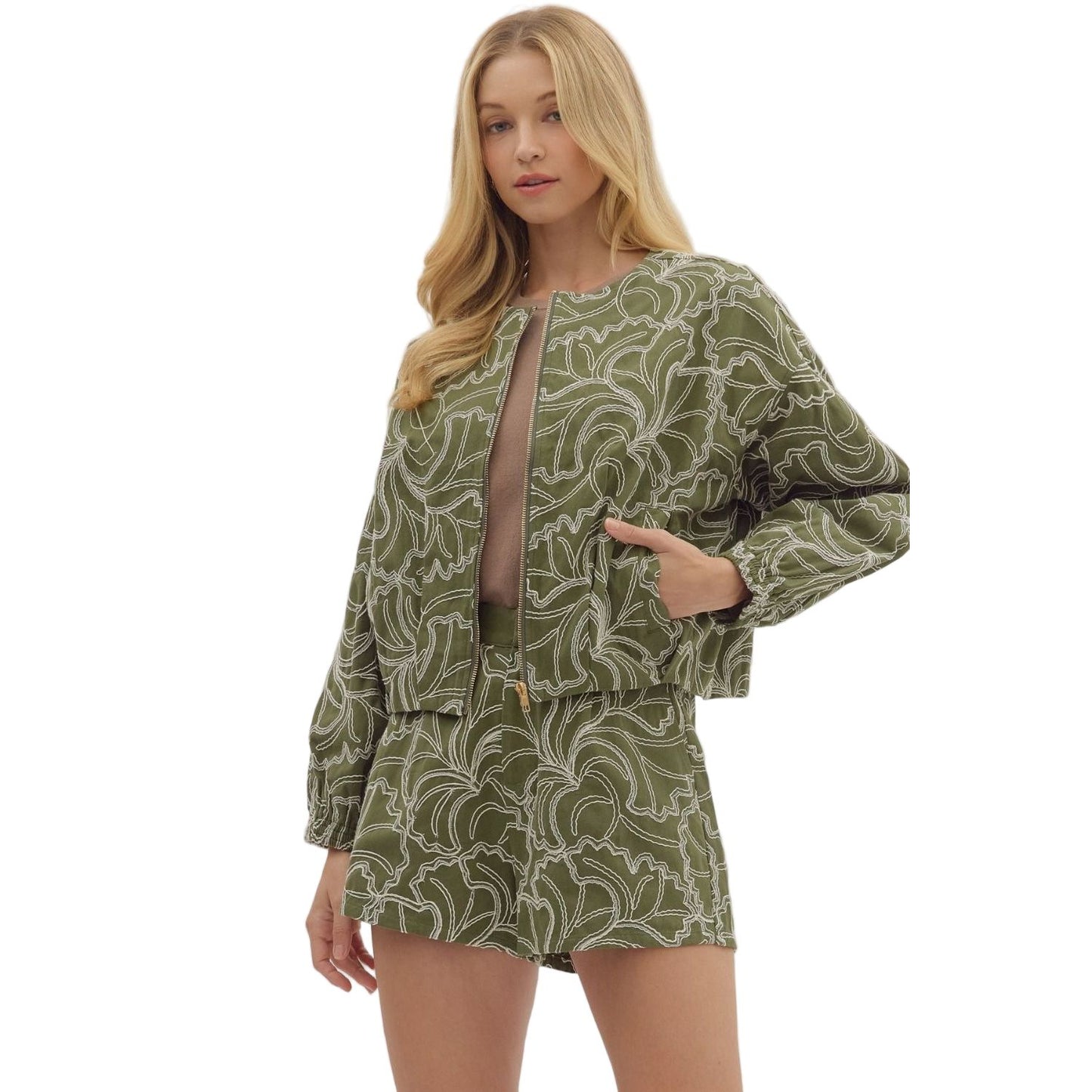Women's Entro Textured Long Sleeve Zip Up Olive Jacket J27996