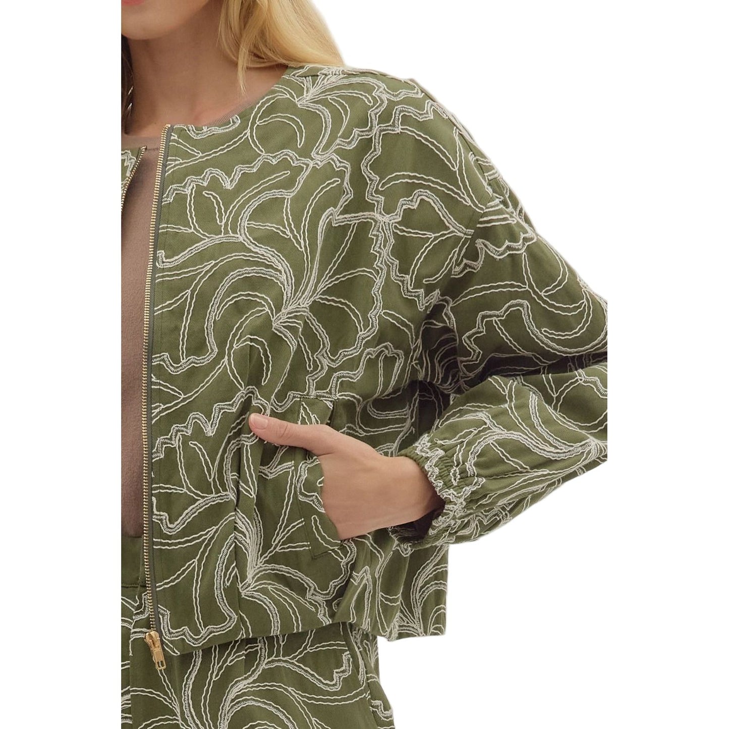 Women's Entro Textured Long Sleeve Zip Up Olive Jacket J27996