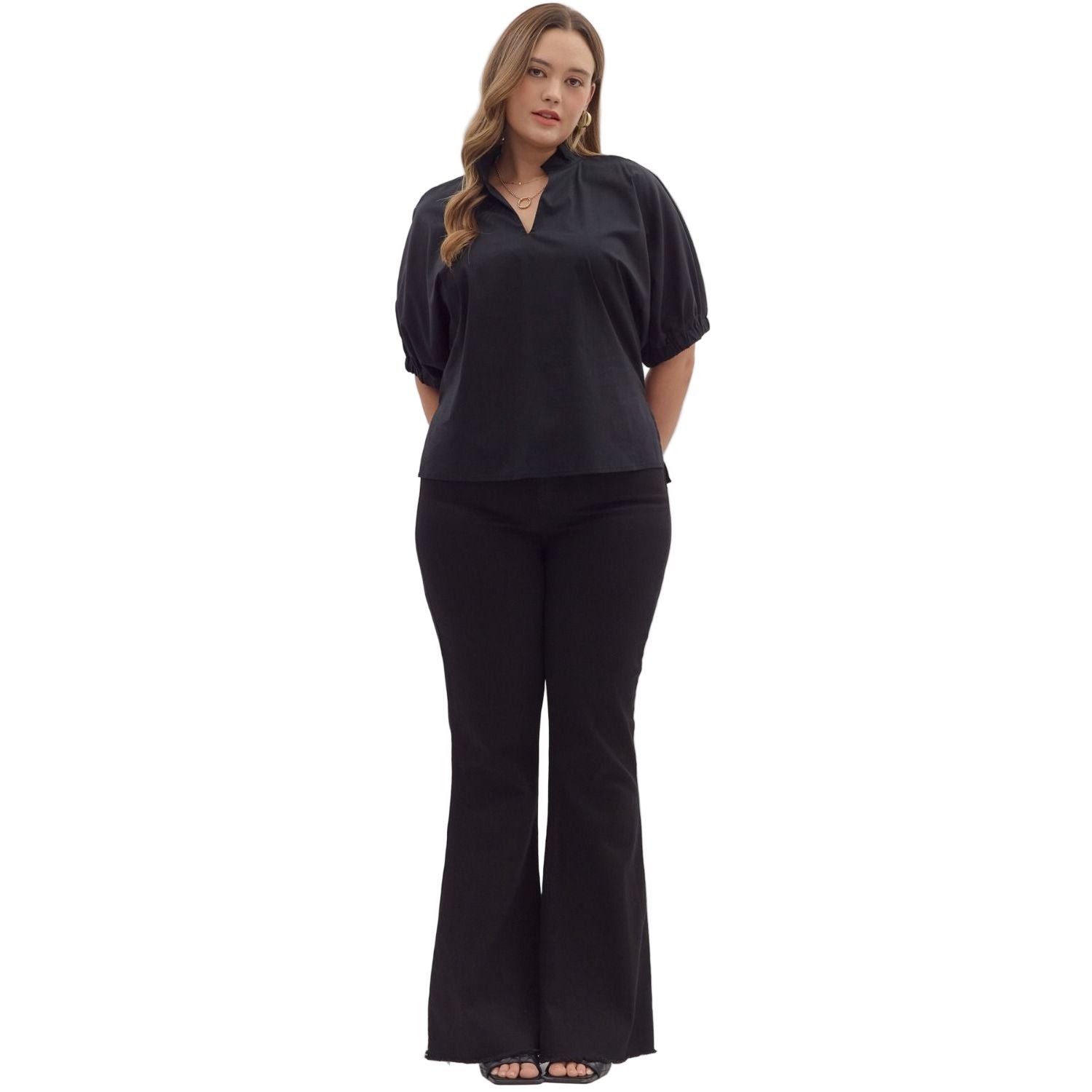 Women's Entro Black Solid Puff Sleeve V-neck Blouse