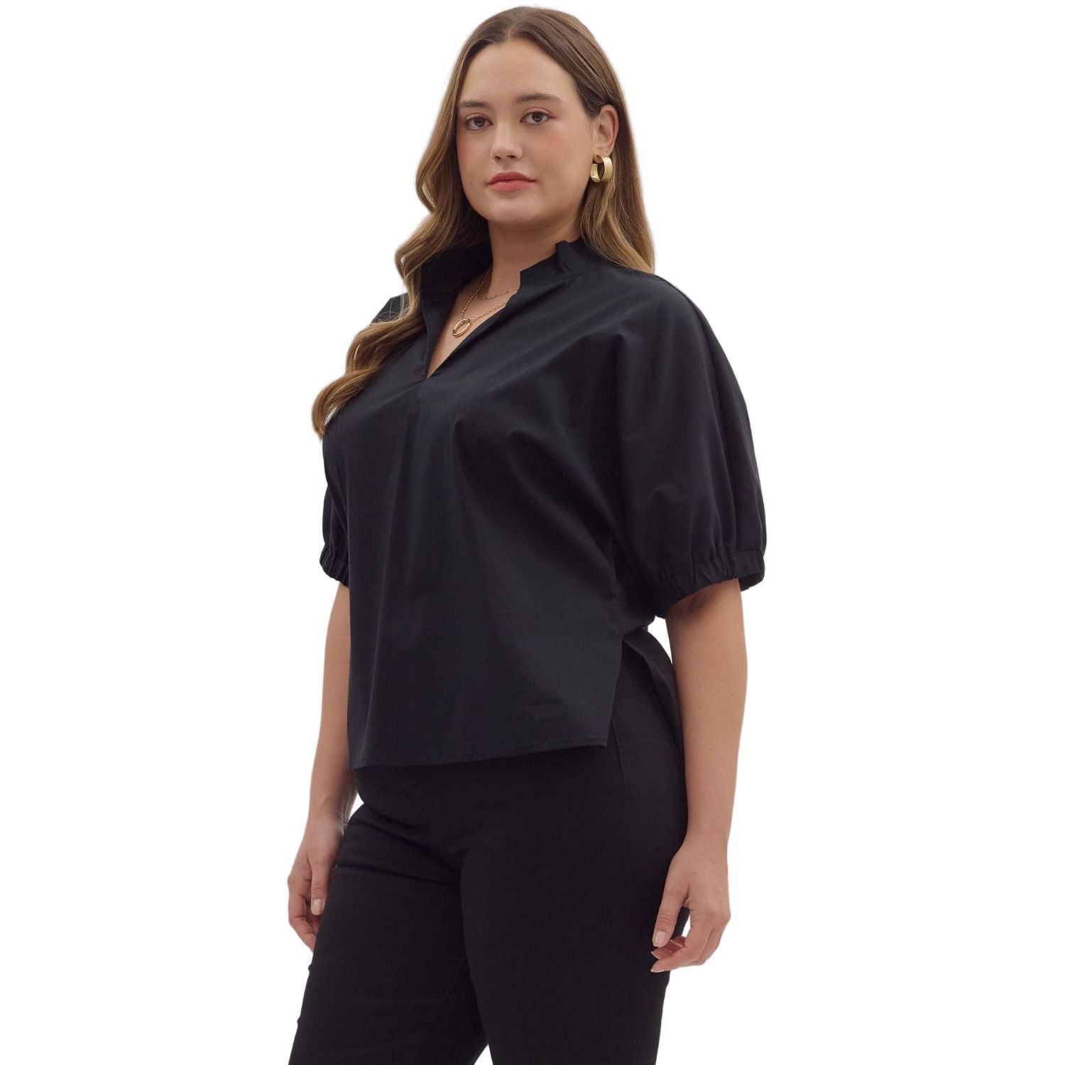Women's Entro Black Solid Puff Sleeve V-neck Blouse