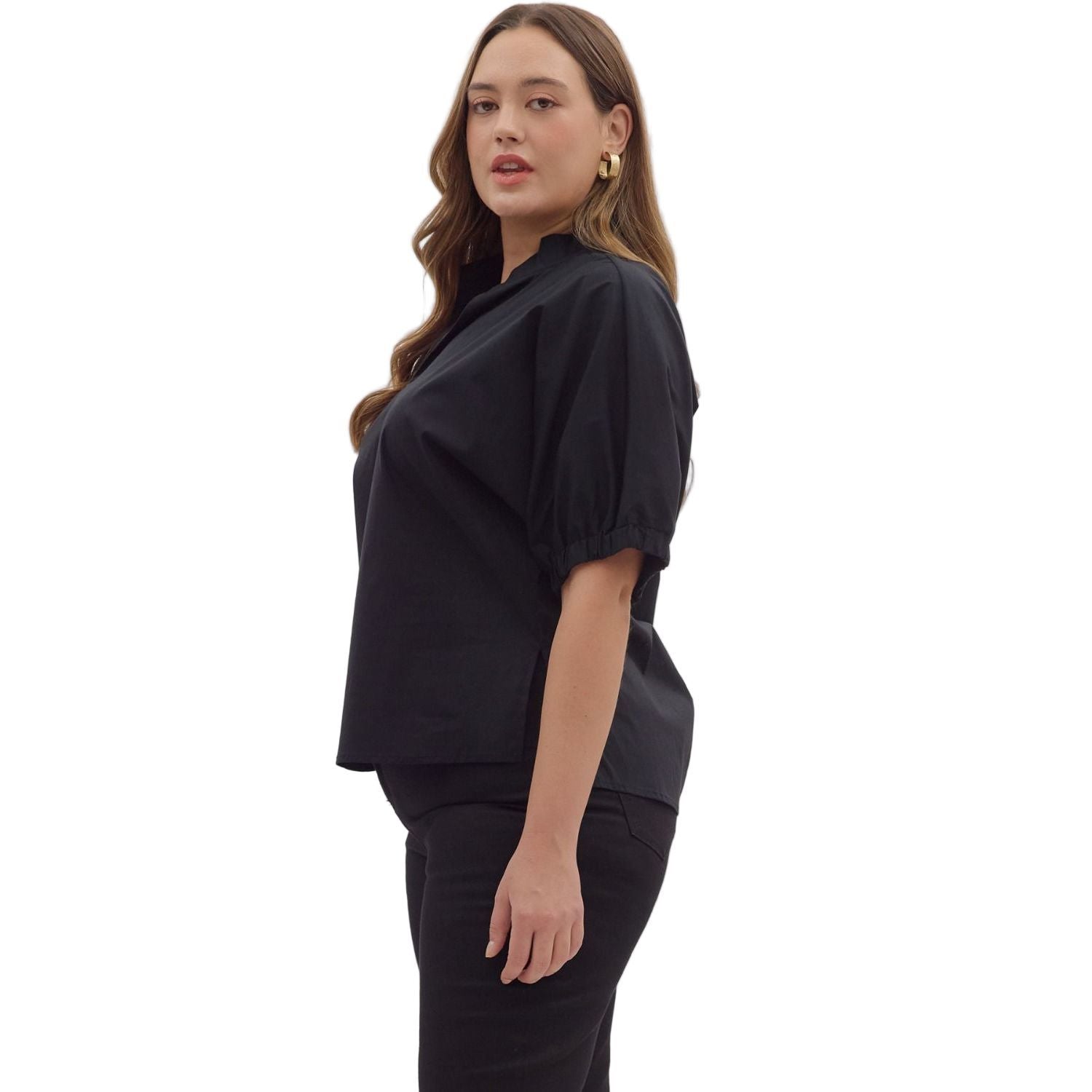 Women's Entro Black Solid Puff Sleeve V-neck Blouse