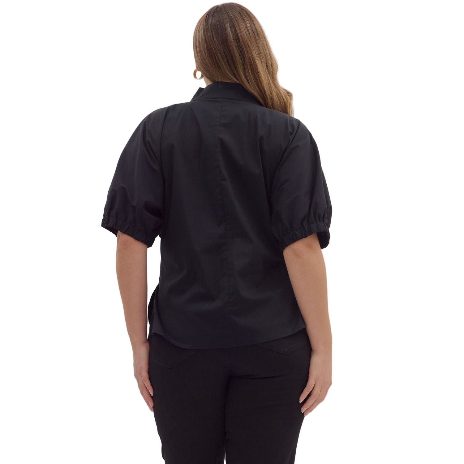 Women's Entro Black Solid Puff Sleeve V-neck Blouse