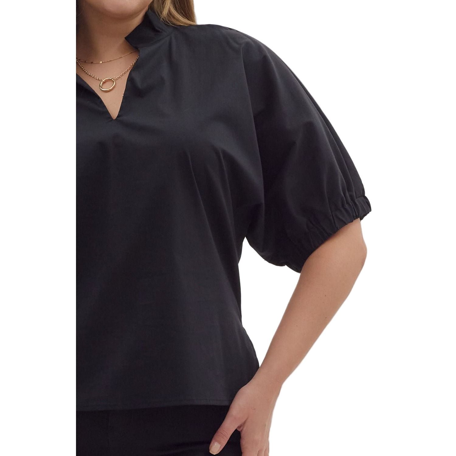Women's Entro Black Solid Puff Sleeve V-neck Blouse