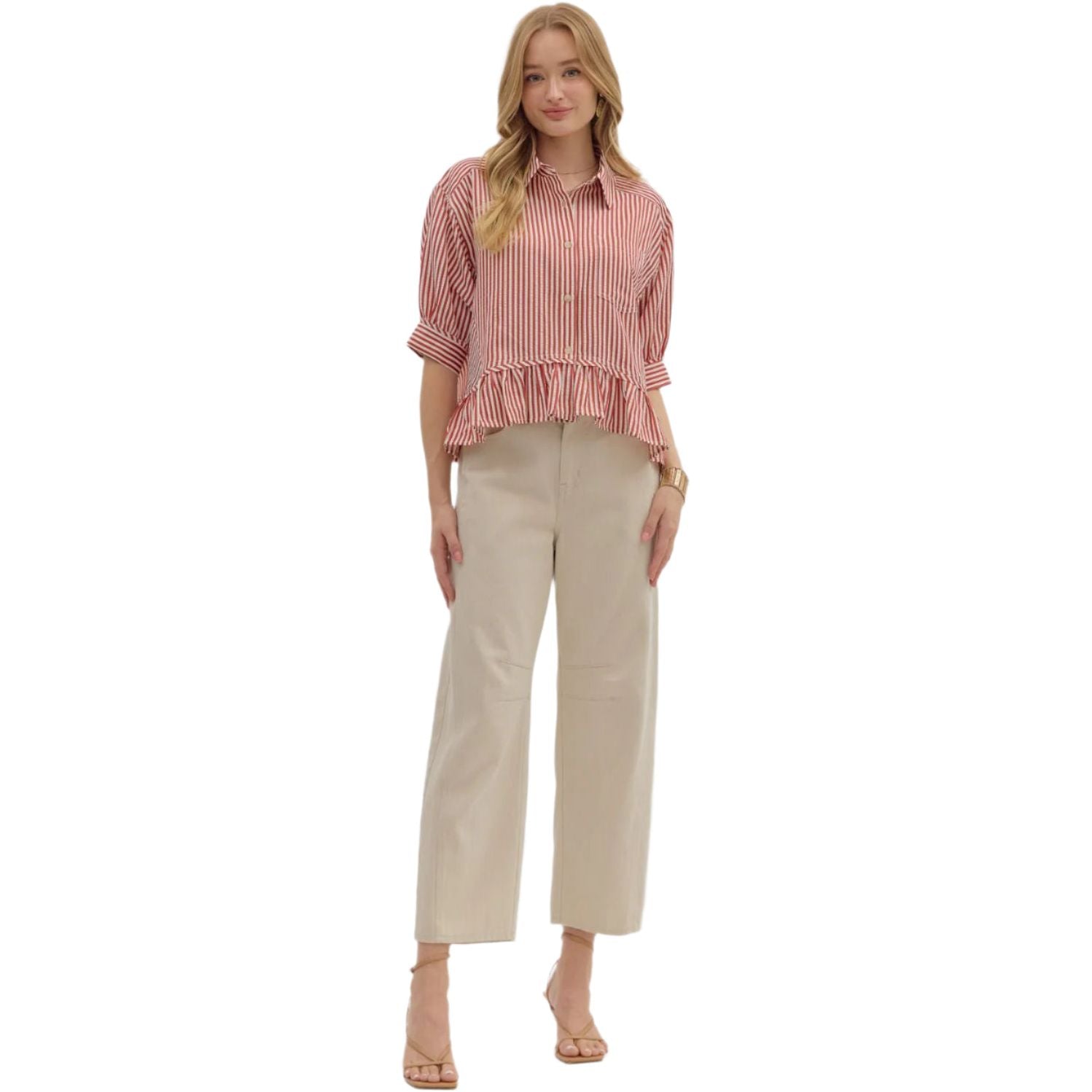 Women's Entro Stripe Patterned Ruffle Blouse T27230 - Crazy House Western Wear